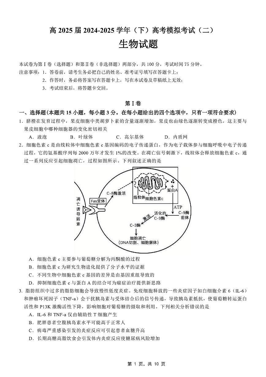 重庆市育才中学高2025届2024-2025学年高三年级下学期高考模拟考试（二）生物试卷（无答案）第1页