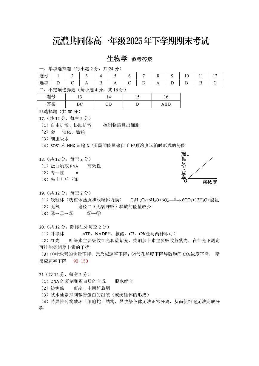 常德市沅澧共同体高一年级2025年下学期期末考试生物答案第1页