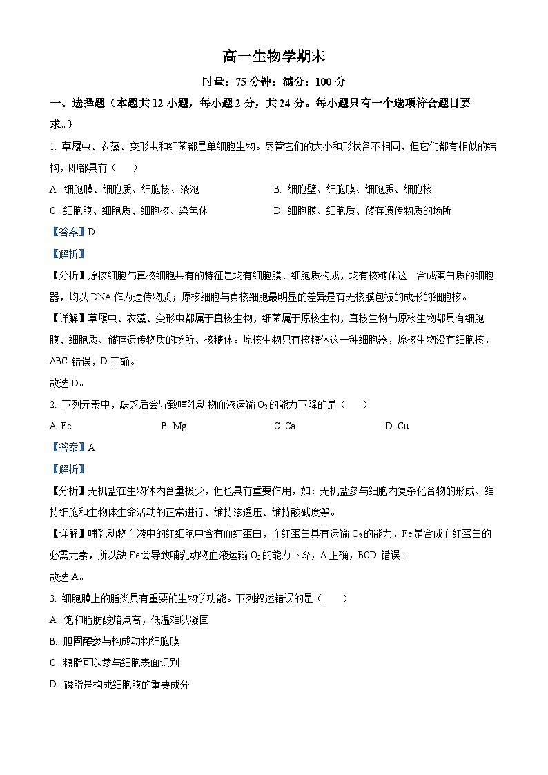 湖南师范大学附属中学2025-2026学年高一上学期1月期末生物试题  Word版含解析第1页