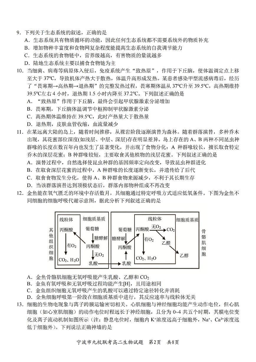 生物-浙江省宁波九校联盟2025学年第一学期高二年级期末联考试卷及答案第2页