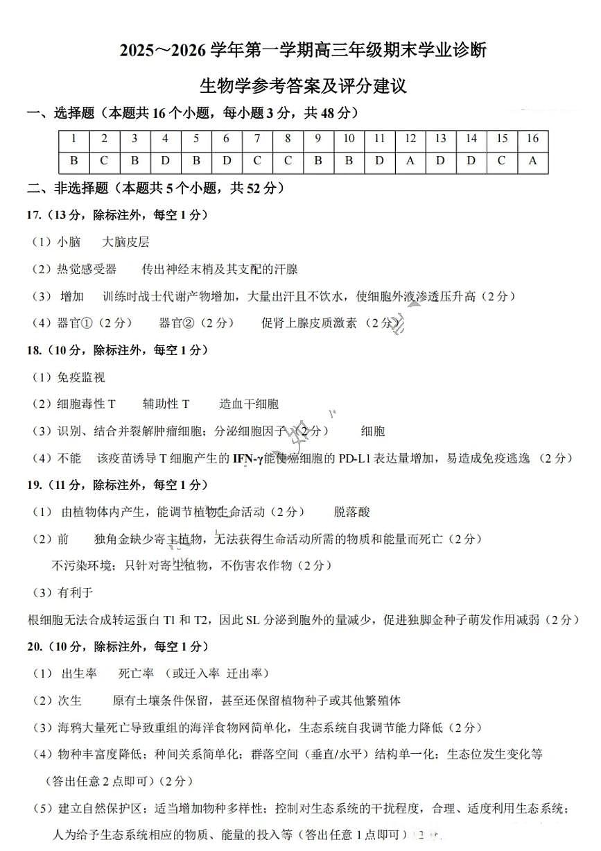 太原25-26学年高三第一学期期末生物答案第1页