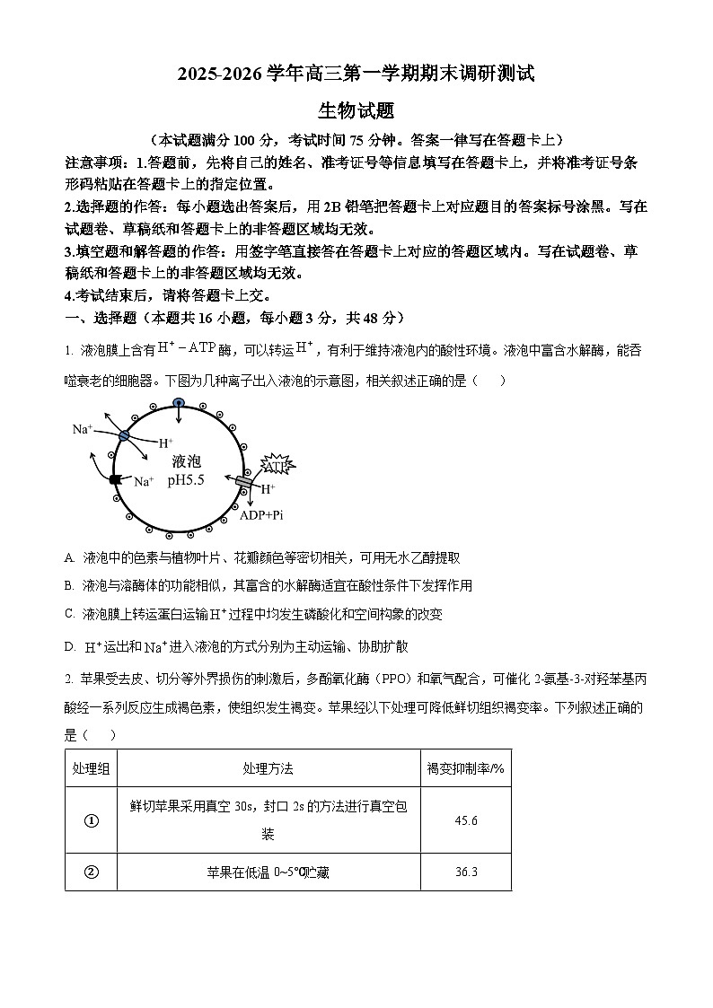 山西吕梁市2025-2026学年高三第一学期期末调研测试生物试卷（试卷+解析）第1页