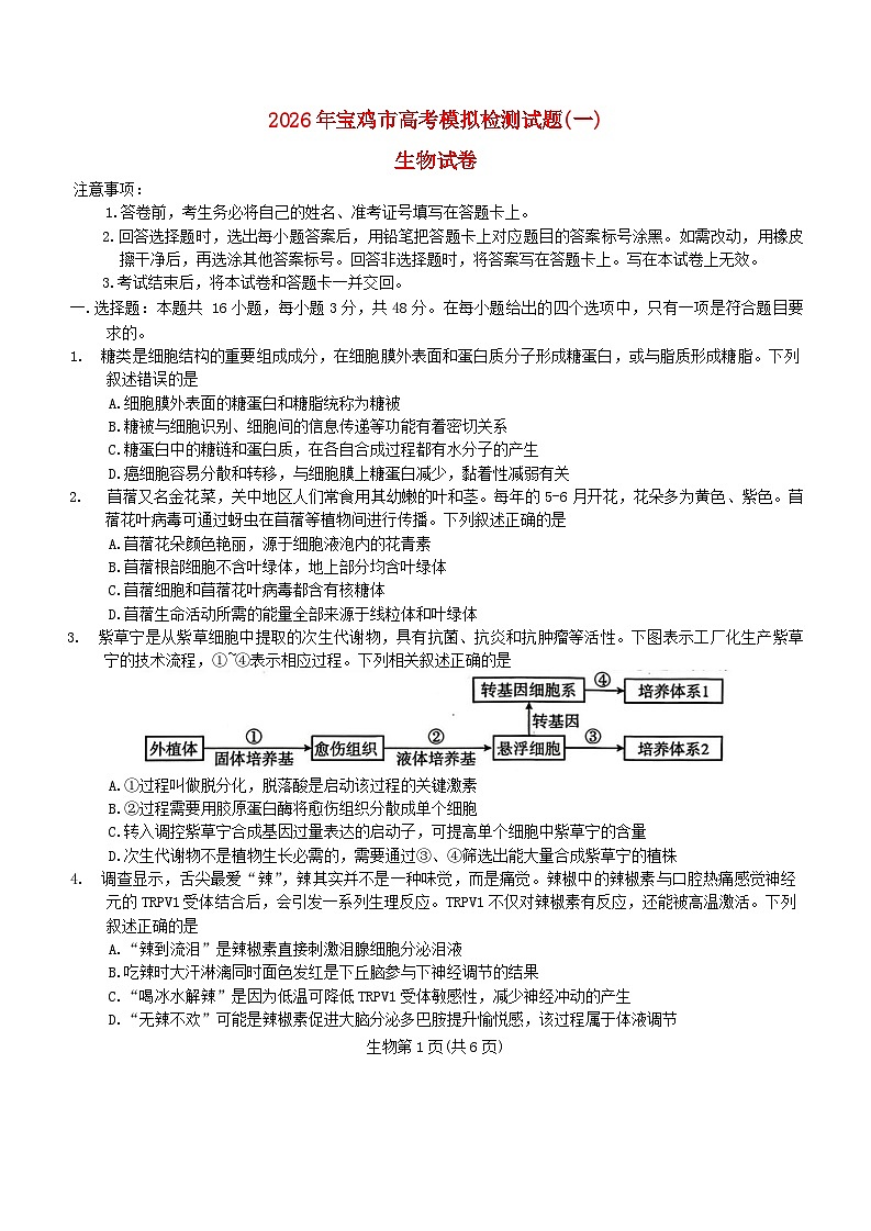 陕西省宝鸡市2026年高考生物模拟检测试题一试卷第1页