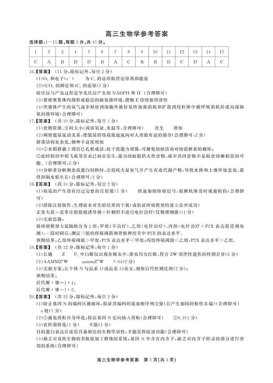 安徽省鼎尖联考2025-2026学年高三上学期期末过程性学科素质评价 生物答案第1页