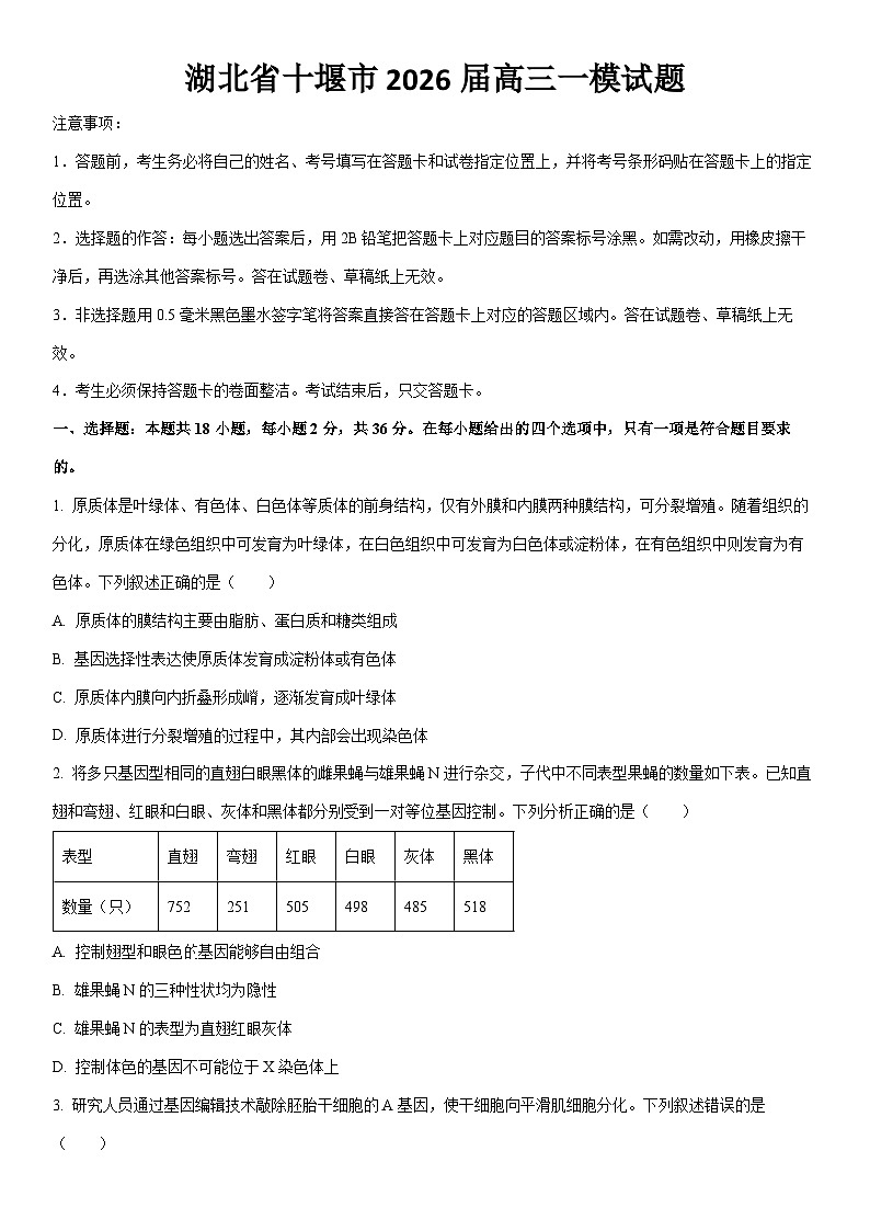 2026届湖北省十堰市高三一模生物试卷（学生版）第1页