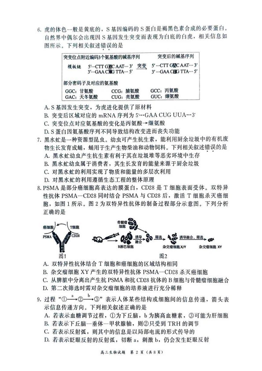 2025-2026学年福建漳州市高三(上)期末高中教学质量检测生物学试题（含答案）第2页