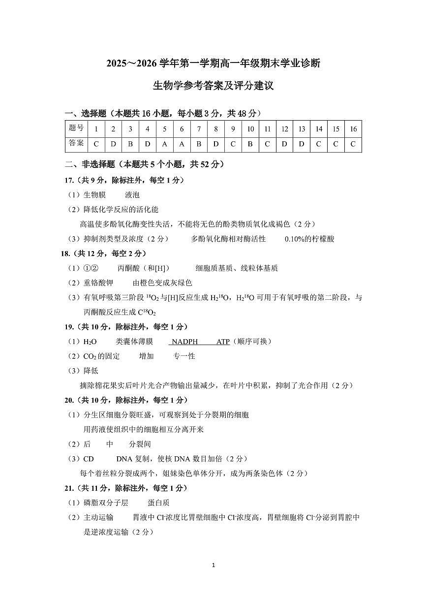 高一生物学期末答案第1页