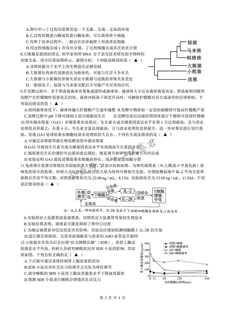 余姚中学2024学年第二学期质量检测高二生物学科试卷(修改版)第2页