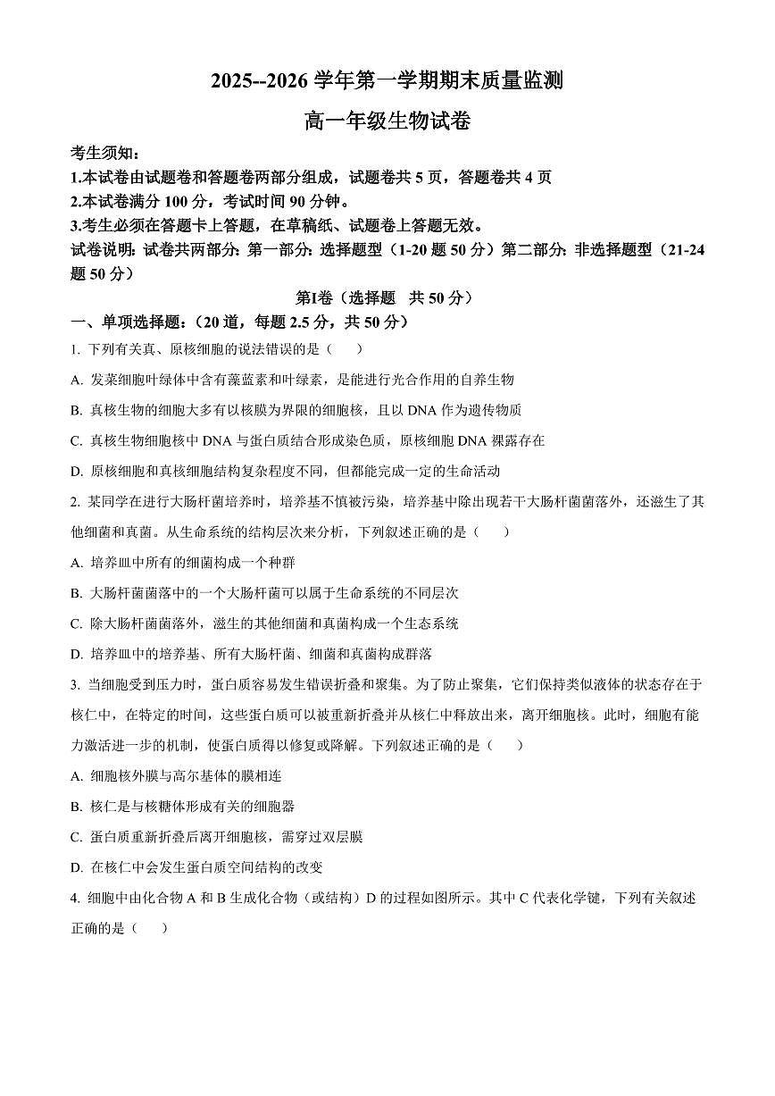 新疆喀什地区疏勒县2025-2026学年高一上学期期末生物试卷（试卷+解析）第1页
