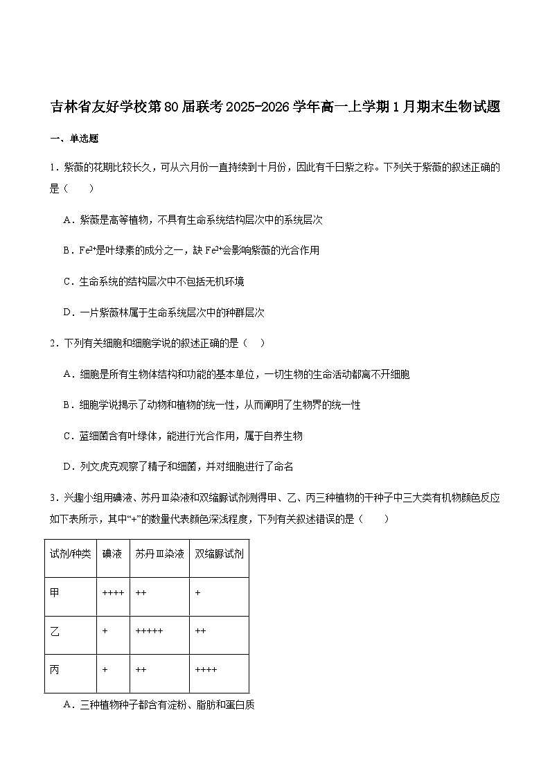 吉林省友好学校第八十届2025-2026学年高一上学期1月期末联考生物试卷（含答案）第1页