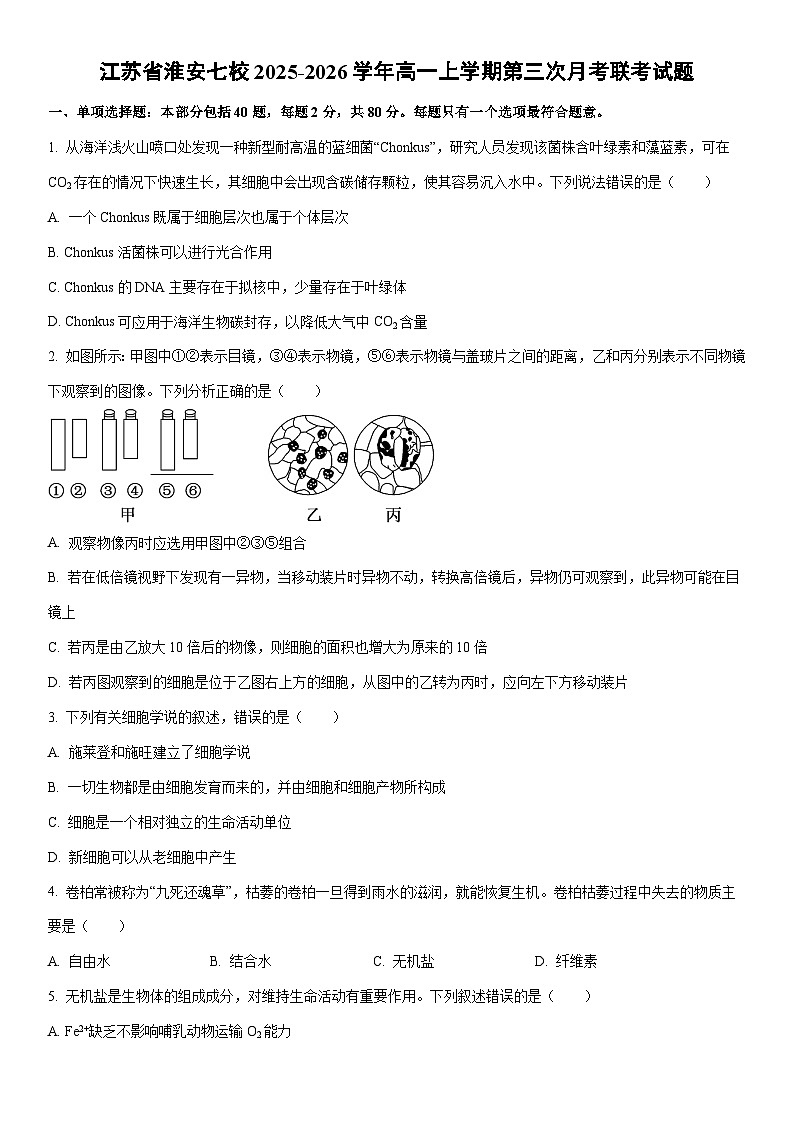 2025-2026学年江苏省淮安七校高一上学期第三次月考联考生物试卷（学生版）第1页
