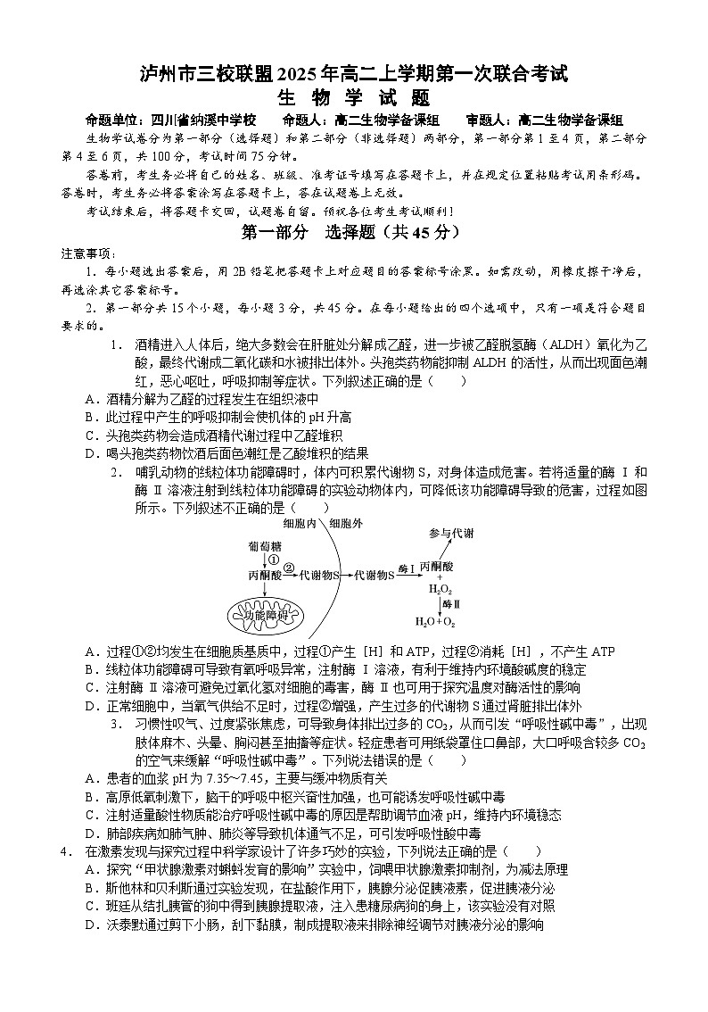 四川省泸州市三校联盟2025-2026学年高二上学期第一次联合考试生物学试题（试卷）第1页