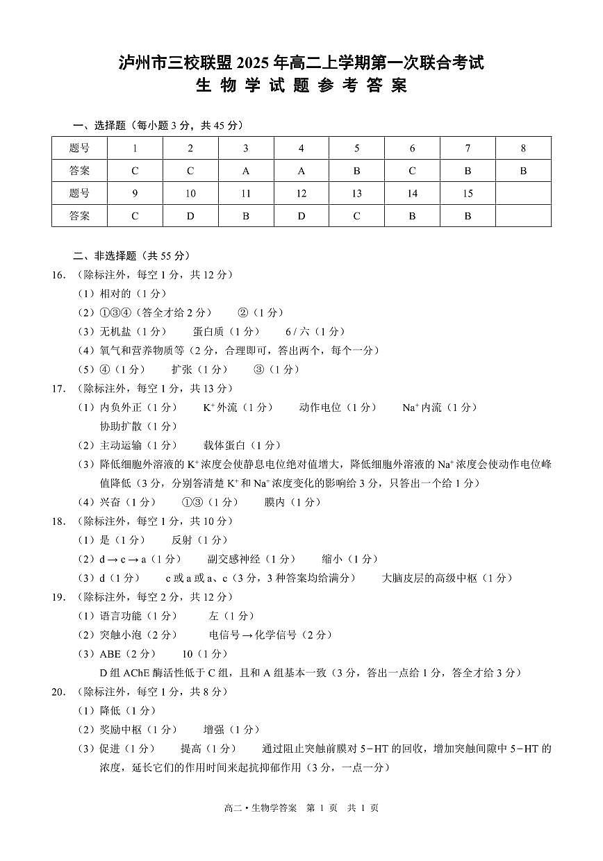 四川省泸州市三校联盟2025-2026学年高二上学期第一次联合考试生物学试题（答案）第1页