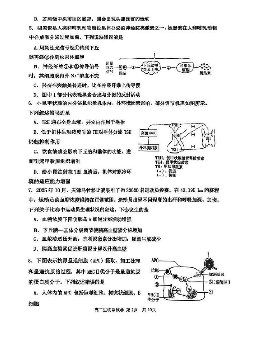 2025-2026学年天津市部分区度高二第一学期期末生物学试卷（含答案）第2页