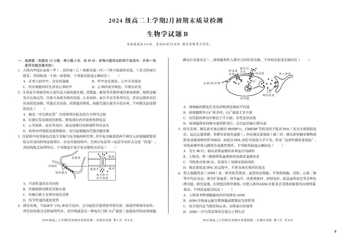 2025-2026学年安徽省A10联盟上学期期末高二生物学B试卷（含答案）第1页