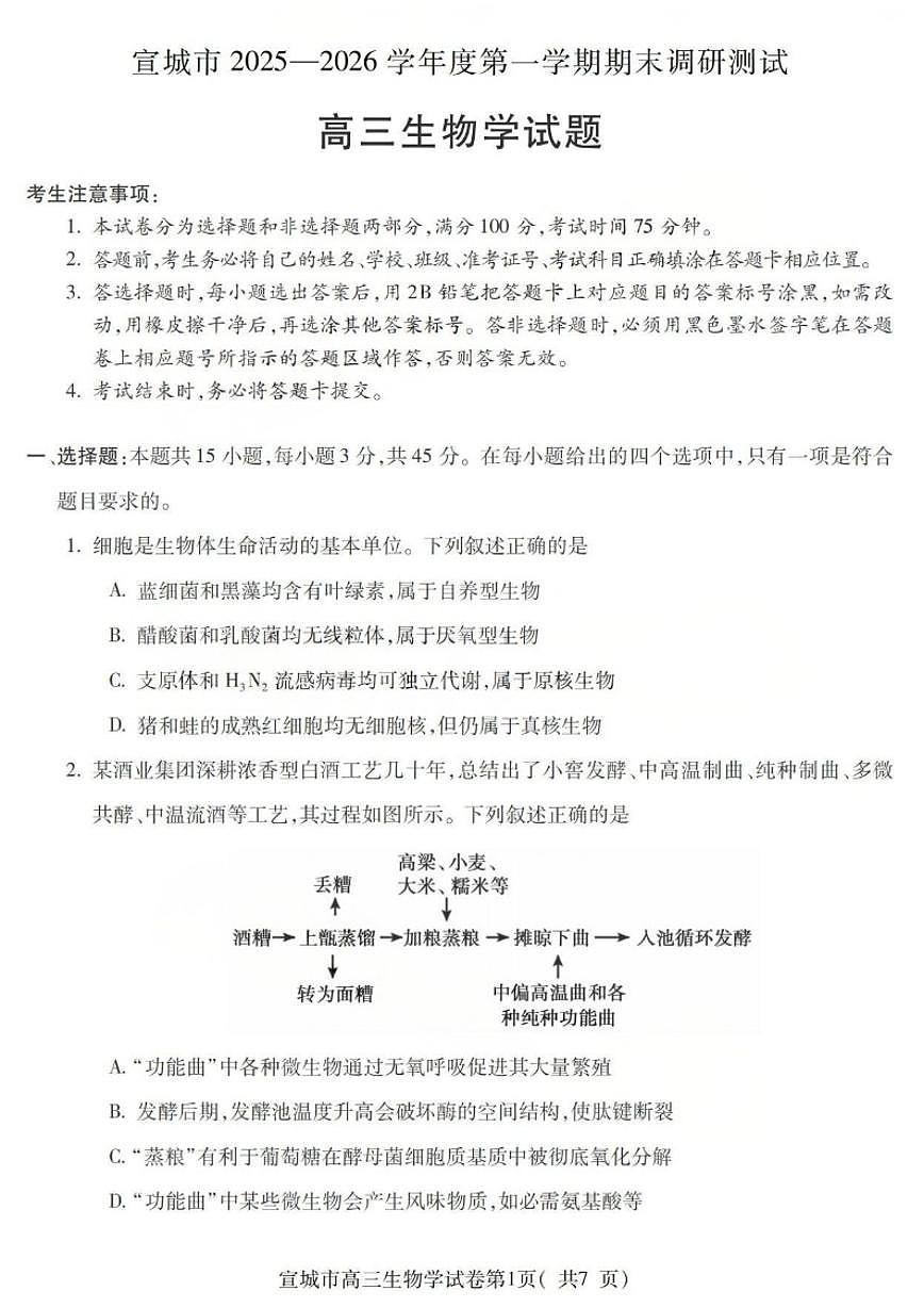 2026届安徽省宣城市上学期高三期末调研测试生物试题（含答案）第1页