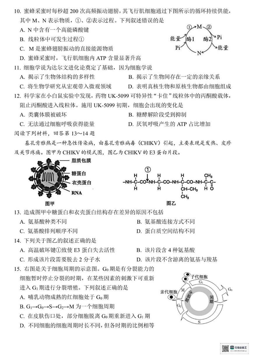 浙江湖州市2025学年第一学期期末调研测高一生物学（含答案）试卷第2页