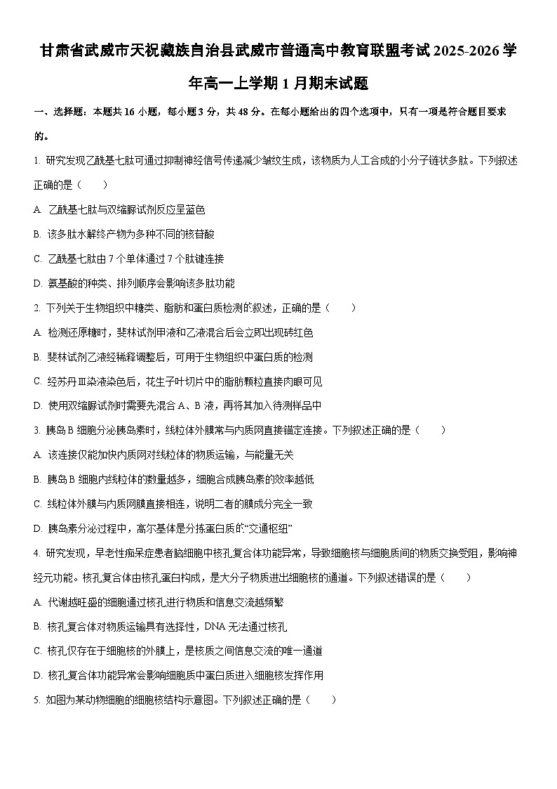 2025-2026学年甘肃省武威市天祝藏族自治县武威市普通高中教育联盟考试高一上学期1月期末生物试卷（学生版）第1页