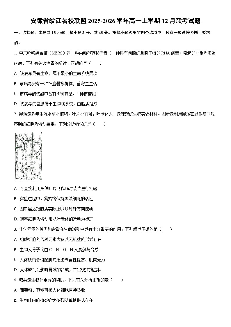 2025-2026学年安徽省皖江名校联盟高一上学期12月联考生物试卷（学生版）第1页