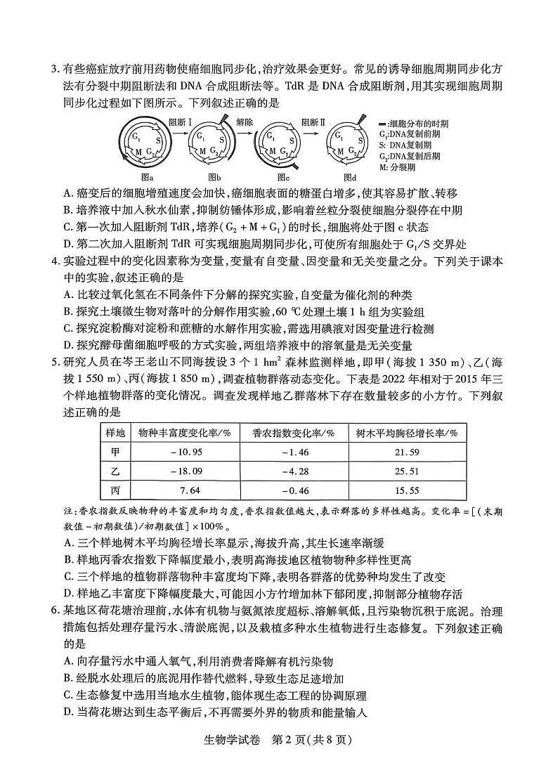 2026届安徽省滁州市高三一模教学质量监测 生物试题及答案第2页