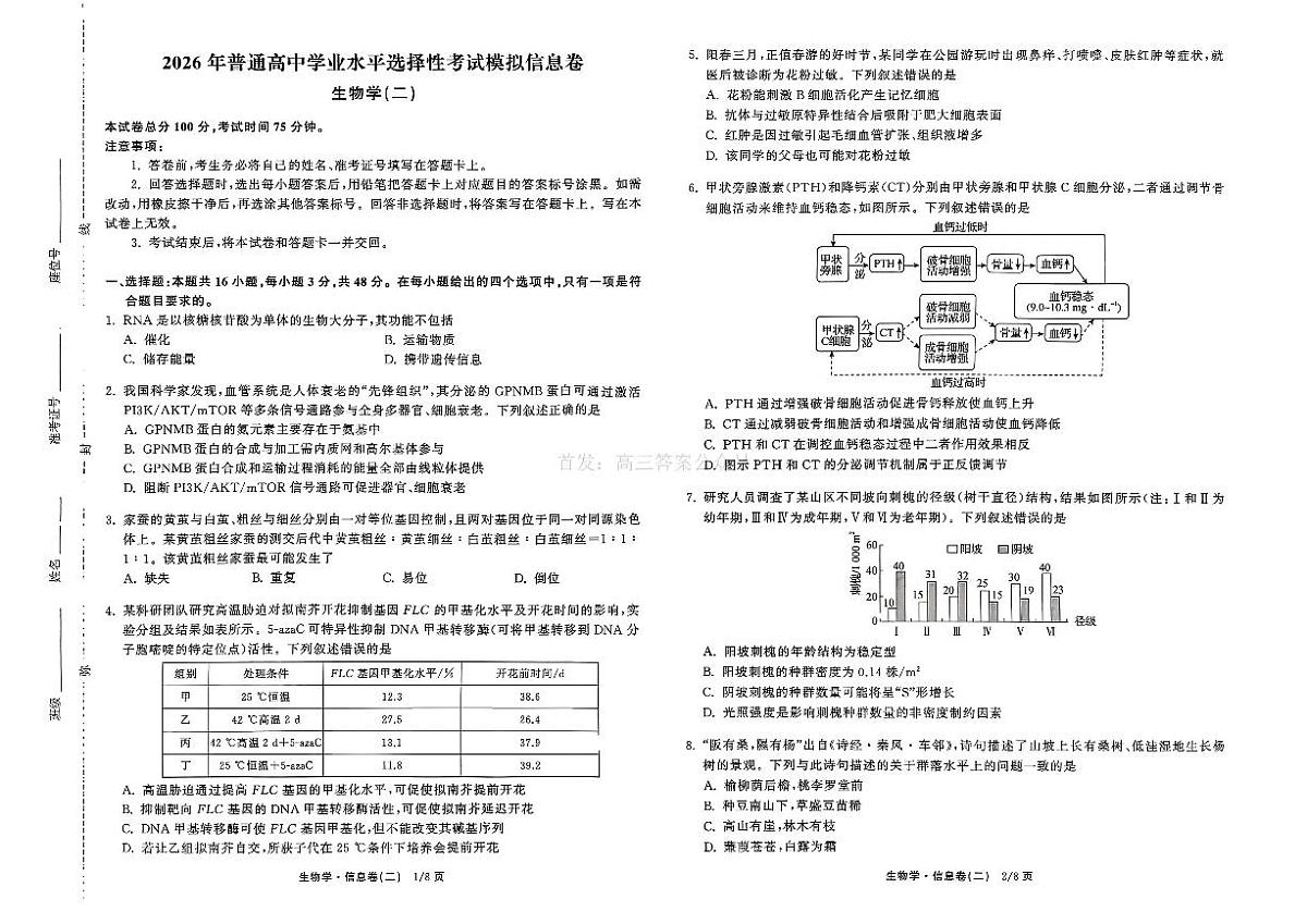 2026年全国普通招生高三上学期2月模拟信息卷二生物试题无答案第1页