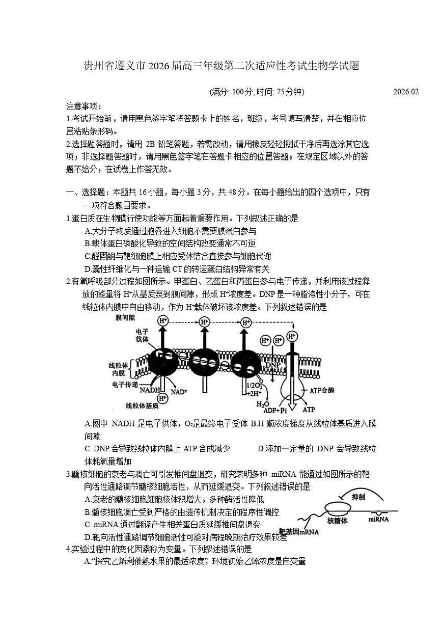 2026届贵州省遵义市高三年级上第二次适应性考试生物学试题（含答案）第1页