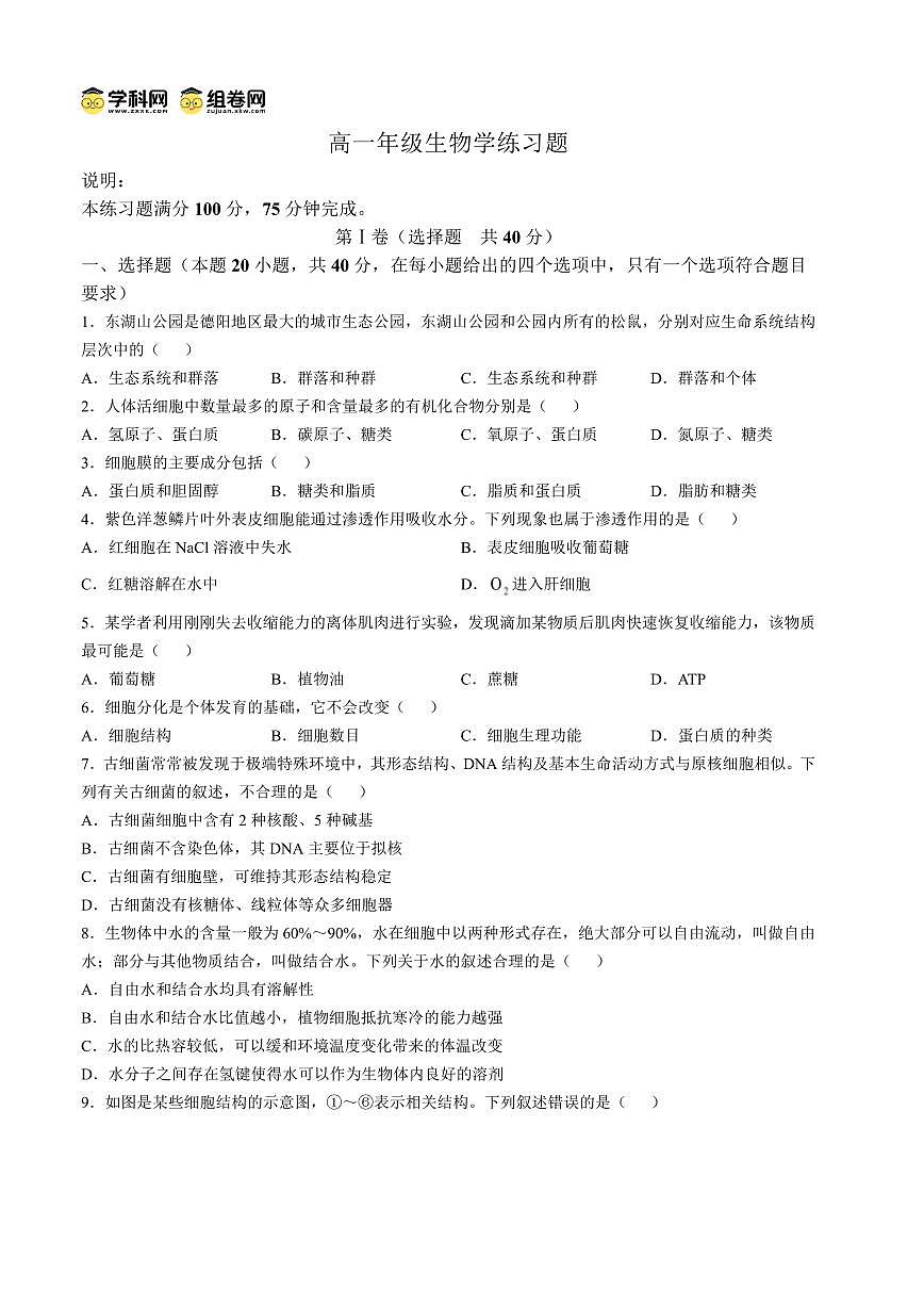 四川省德阳市2025—2026学年高一上学期期末考试生物试卷（无答案）第1页