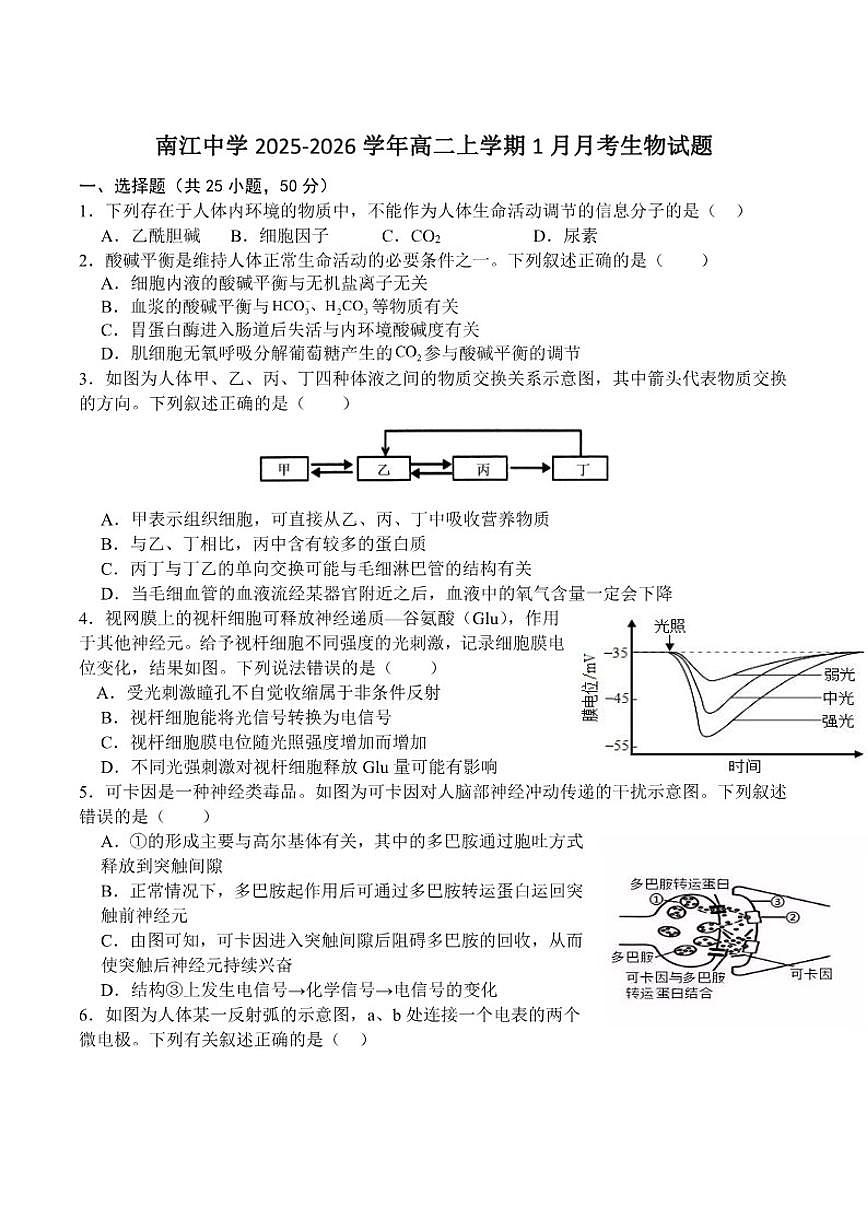 2025-2026学年四川省巴中市南江县南江中学高二上学期1月月考生物（含答案）试卷第1页