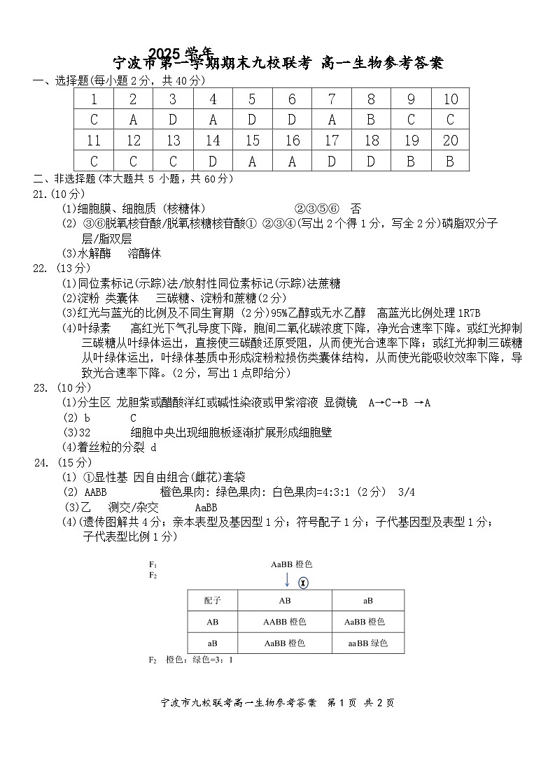 2601+宁波九校联考高一生物答案第1页