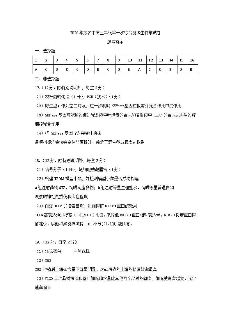 2026年茂名市高三年级第一次综合测试生物学试卷参考答案第1页