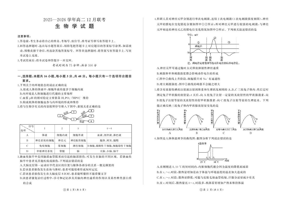 河南省百师联盟2027届高二上学期12月联考生物(B)第1页