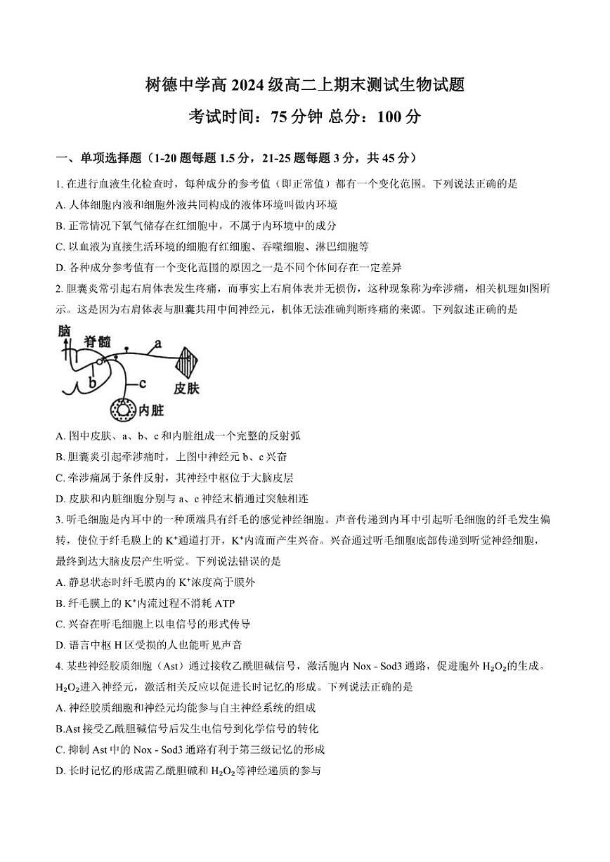 2025-2026学年四川省成都市树德中学高二上学期期末生物学试卷（含答案）第1页