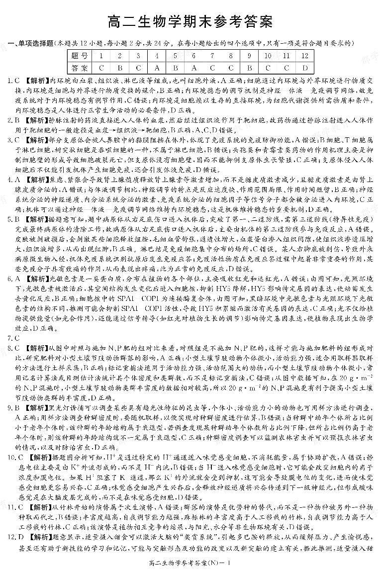 生物答案（高二期末N）第1页