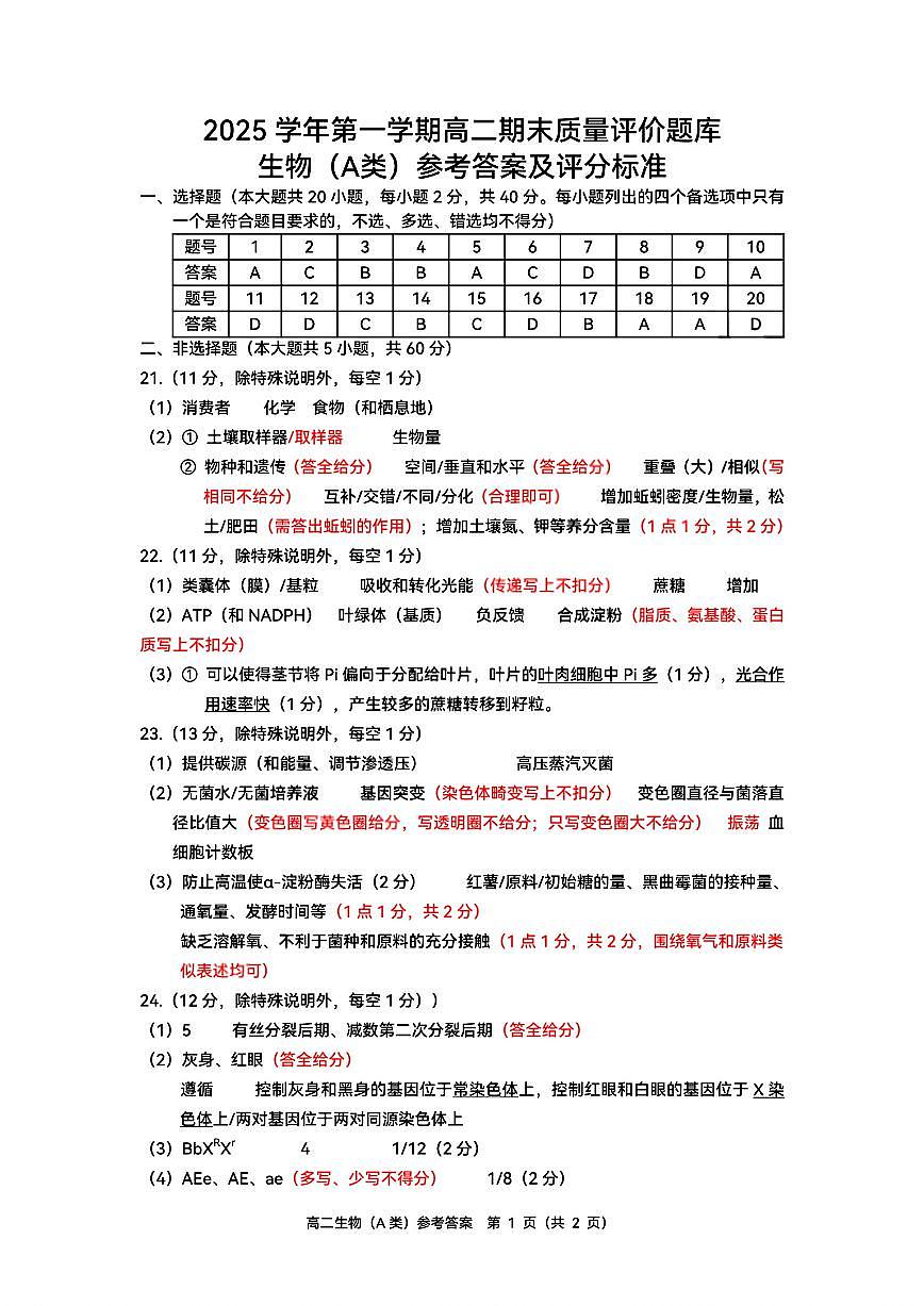 扫描件_生物(A类)参考答案及评分标准第1页