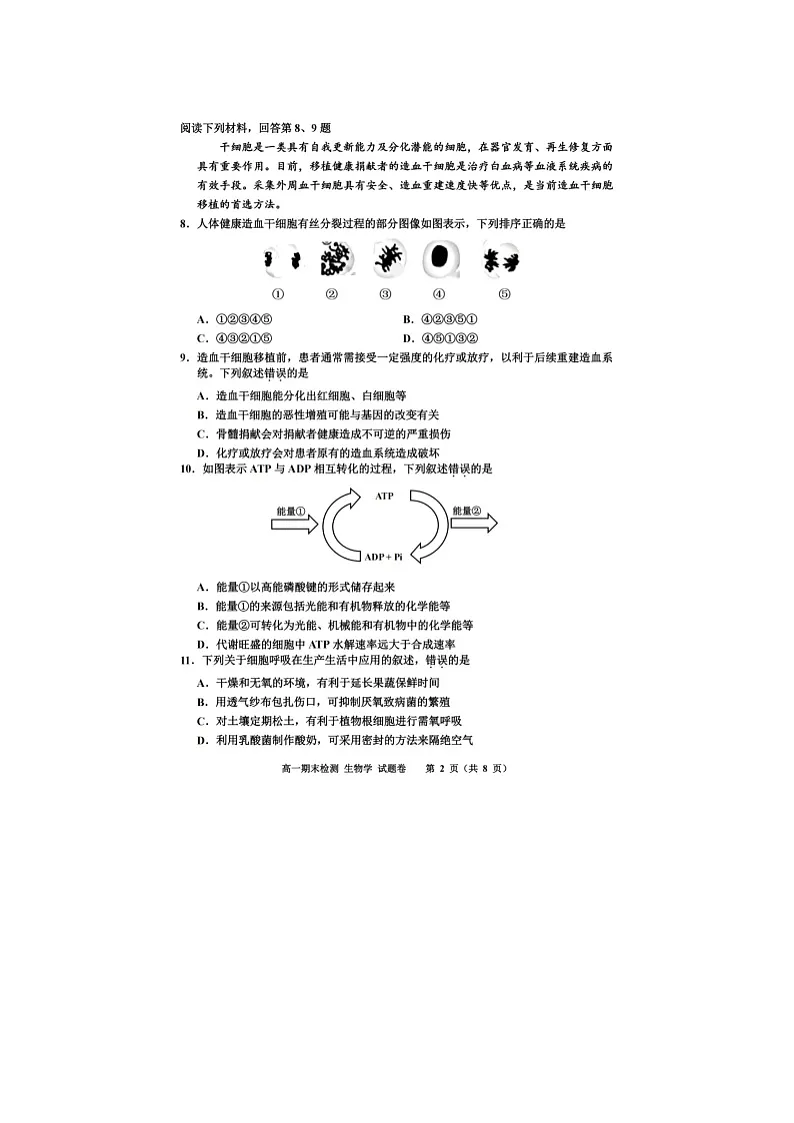 嘉兴市2025~2026学年高一上学期期末测试生物卷含答案第2页