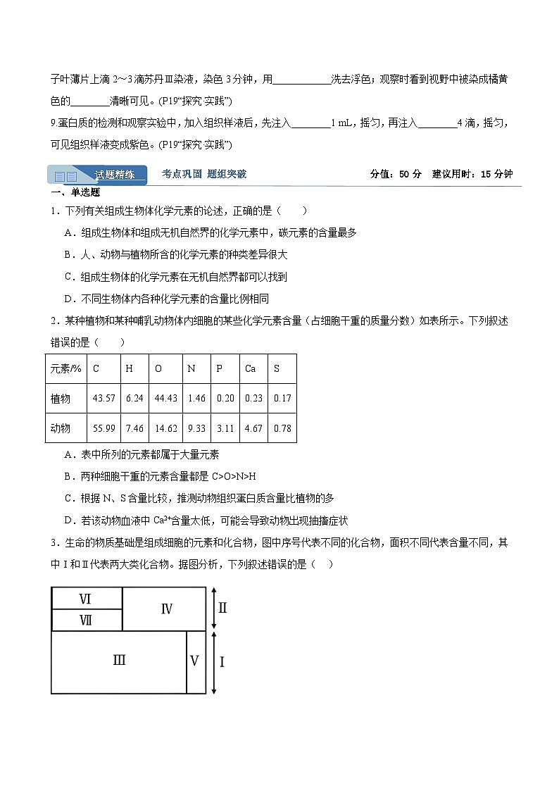 高考生物一轮考点通关卷02  细胞中的元素和化合物（原卷版）第2页