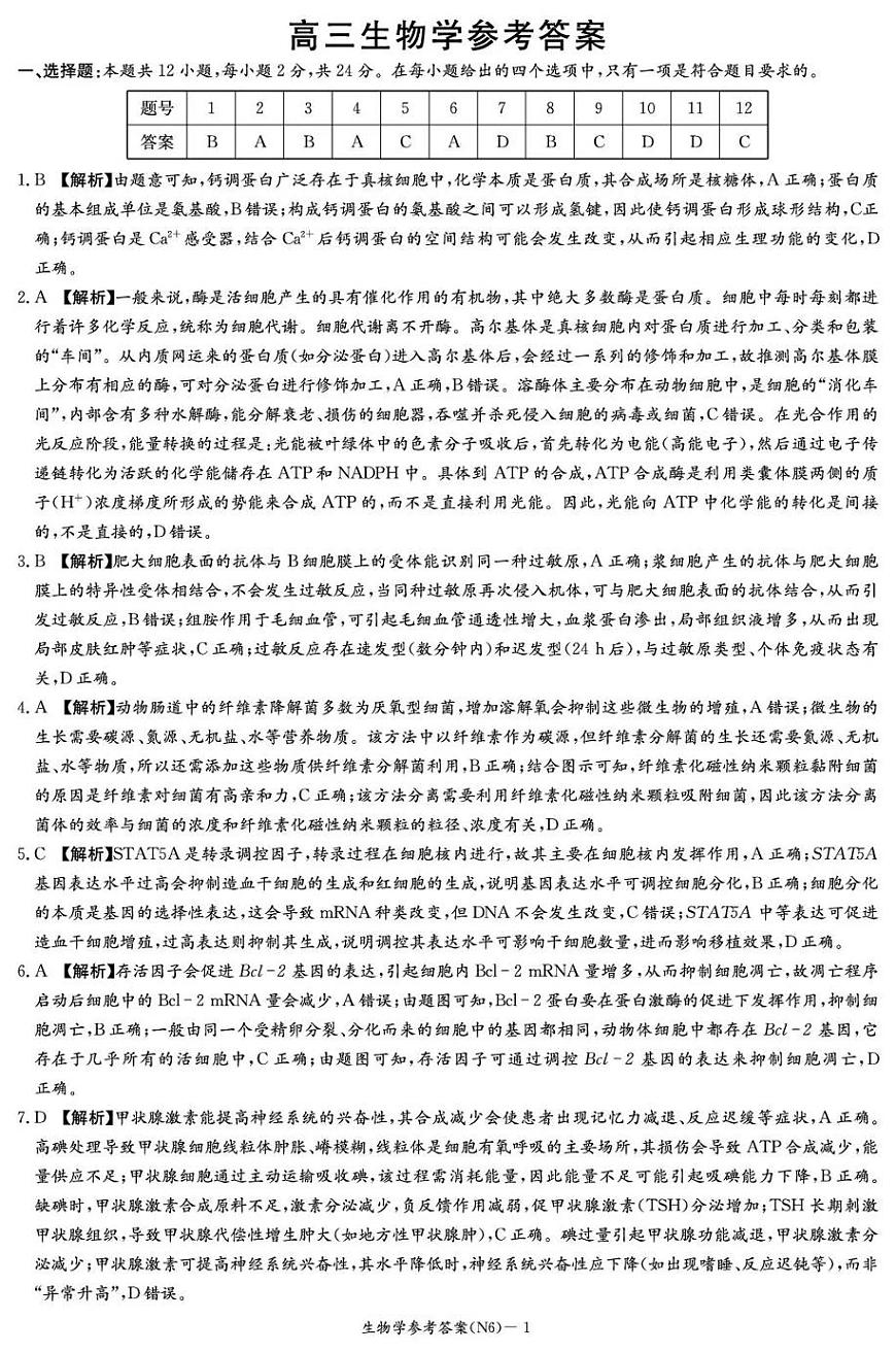 长郡中学2026届高三月考试卷（六）生物答案第1页