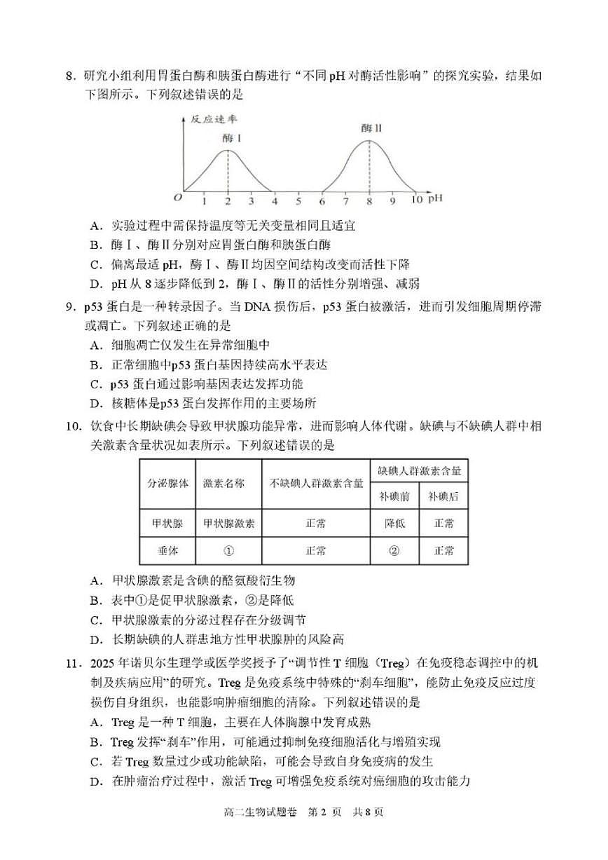 浙江丽水市2025学年第一学期普通高中教学质量监控高二上期末生物学试题（含答案）第2页