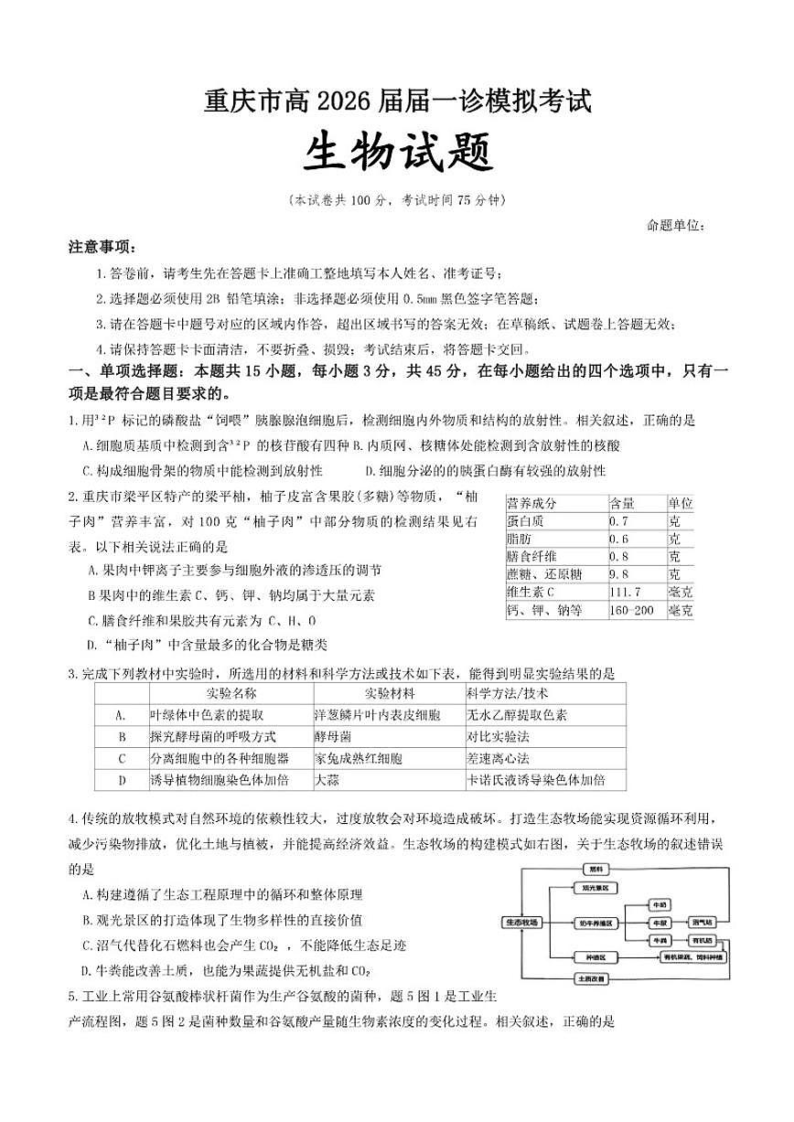重庆市育才中学2026届高三上学期1月一诊模拟考试生物（含答案）第1页