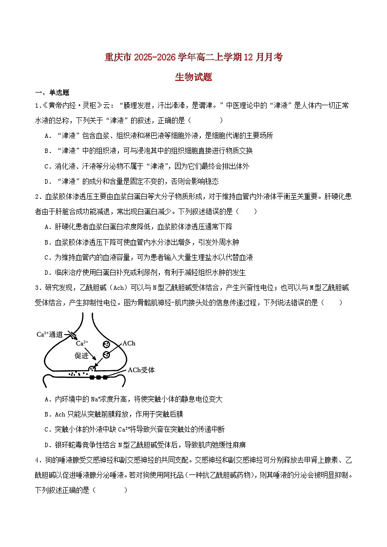 重庆市2025_2026学年高二生物上学期第二次月考试题第1页