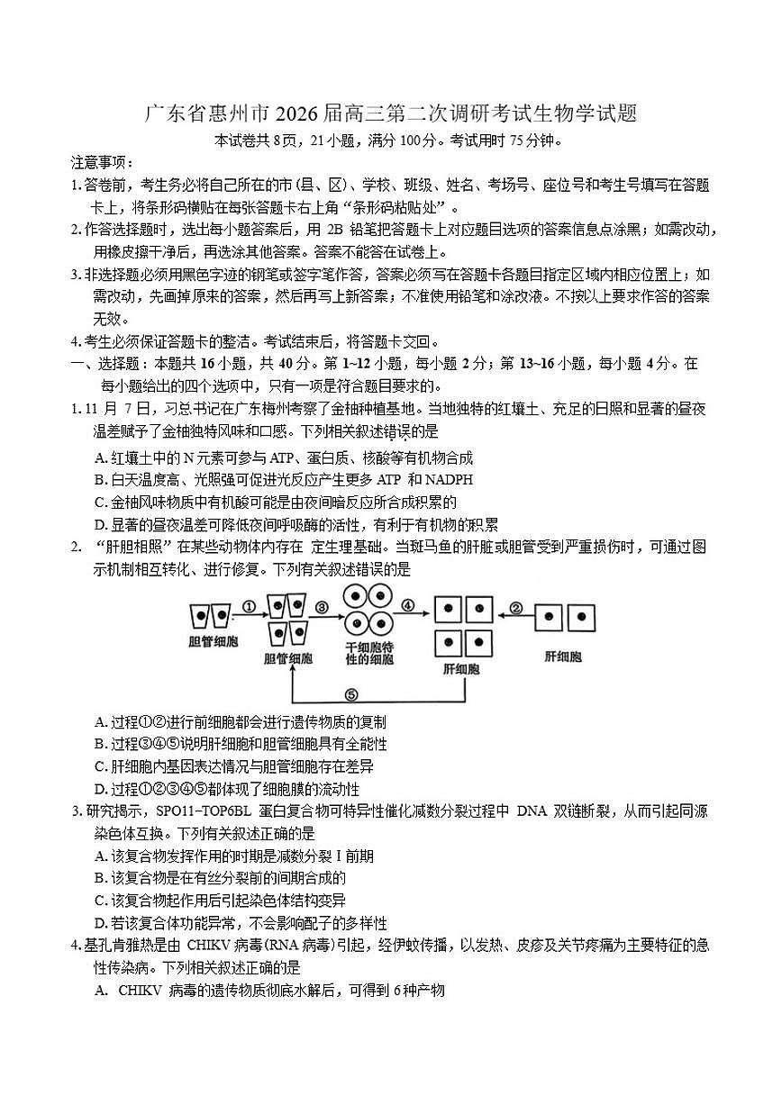广东省惠州市2026届高三上月考第二次调研考试生物学试题（含答案）第1页