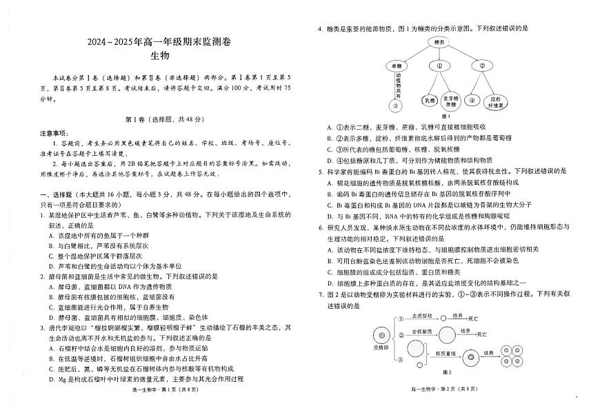 2024~2025学年高一年级期末监测卷生物-试卷第1页