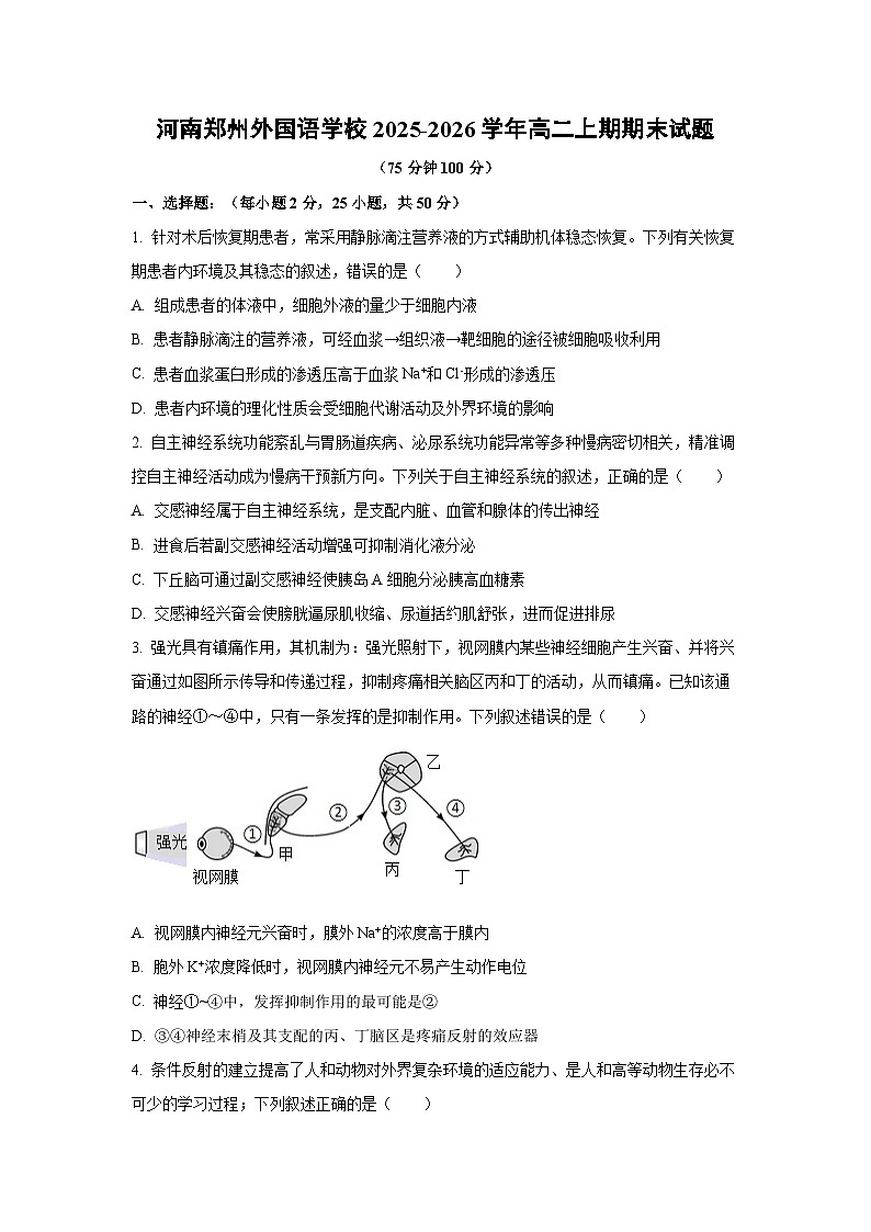 【生物】河南郑州外国语学校2025-2026学年高二上期期末试题（学生版）第1页