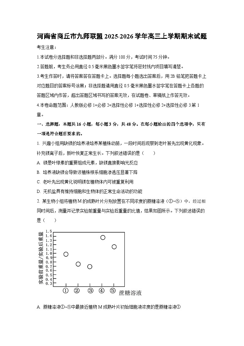 【生物】河南省商丘市九师联盟2025-2026学年高三上学期2月期末试题（学生版）第1页