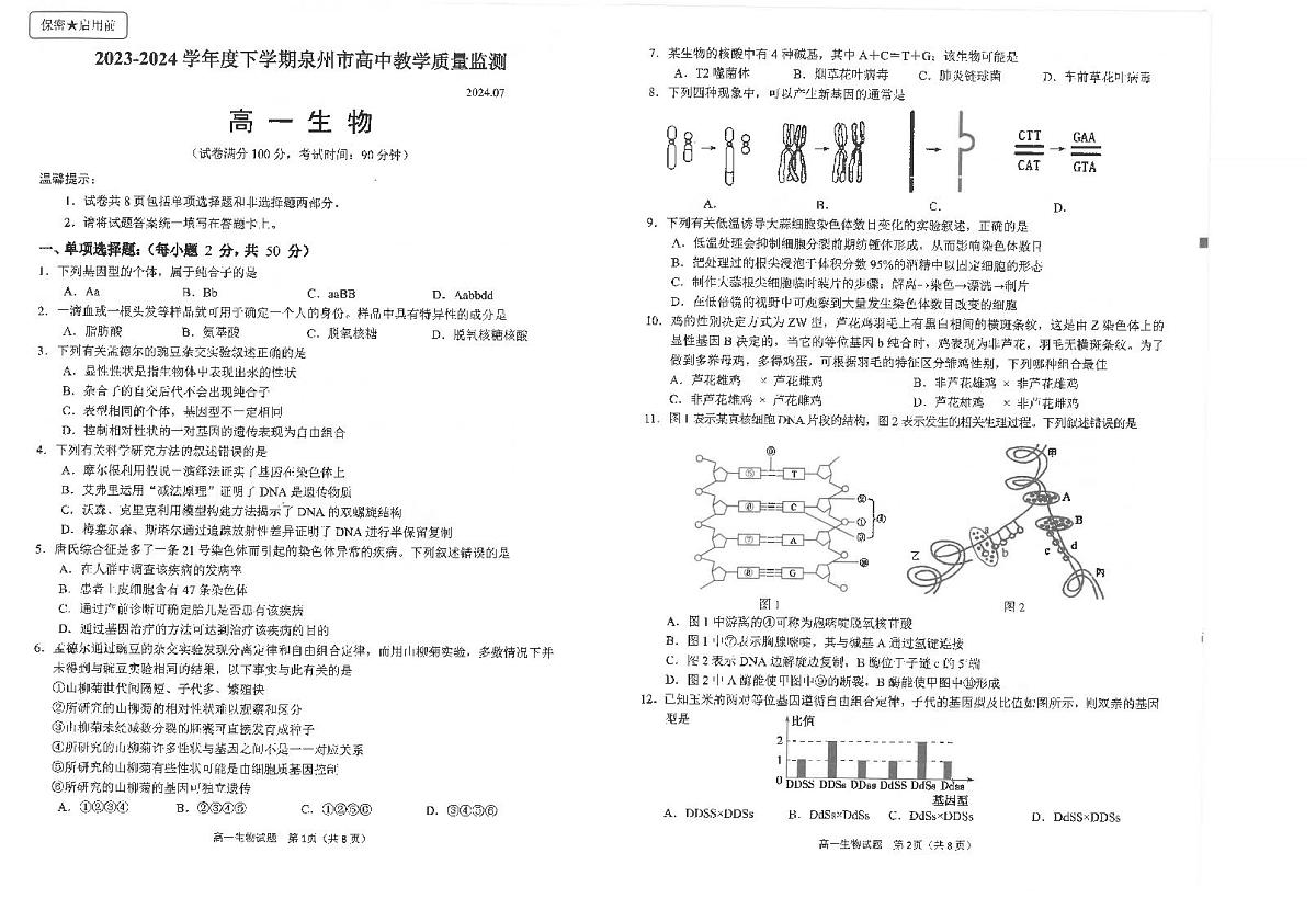 福建省泉州市2023-2024学年高一下学期教学质量监测生物试题第1页