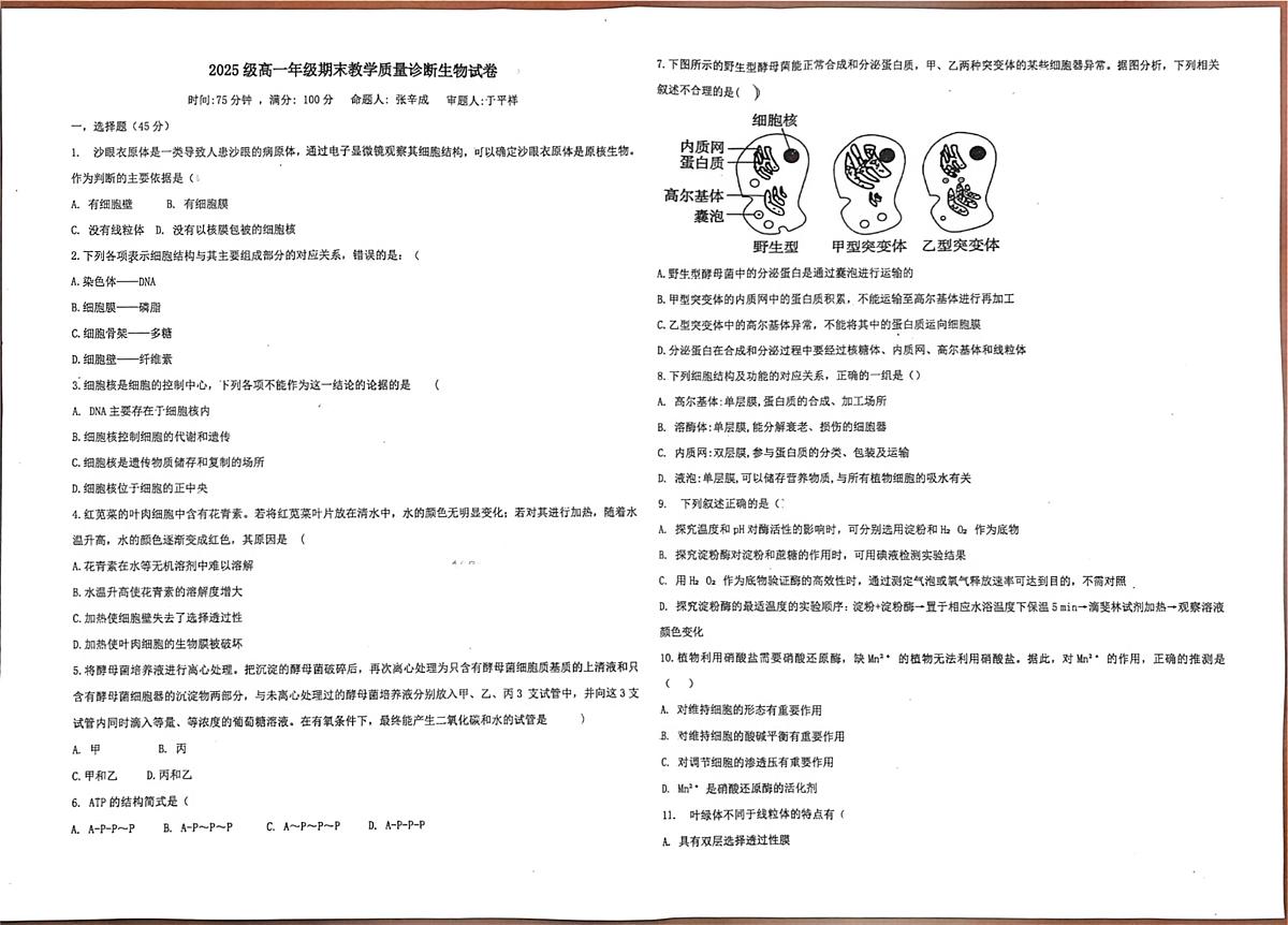 安徽省临泉第二中学2025—2026学年高一上学期期末考试生物试题第1页