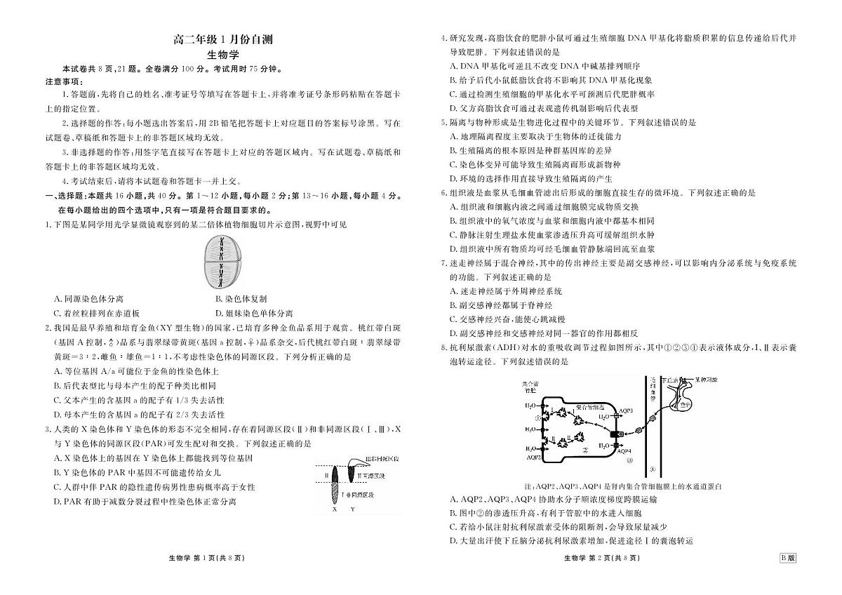 高二年级1月份自测生物正文B版第1页