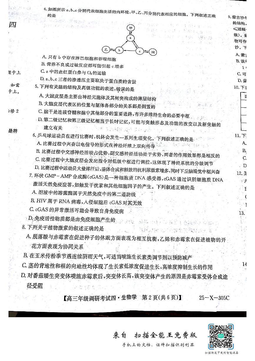 河南省TOP二十名校2024-2025学年高三上学期12月调研考试四 生物 PDF版含解析第2页