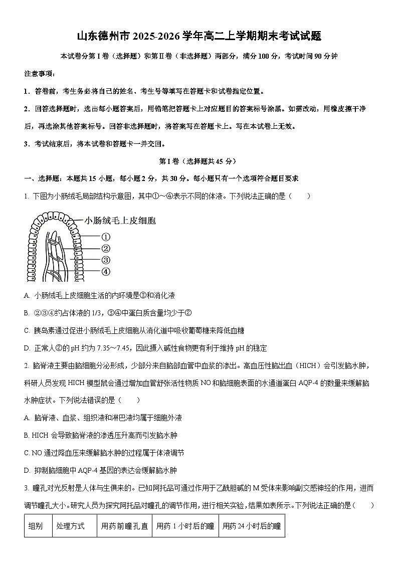2025-2026学年山东德州市高二上学期期末考试生物试卷（学生版）第1页