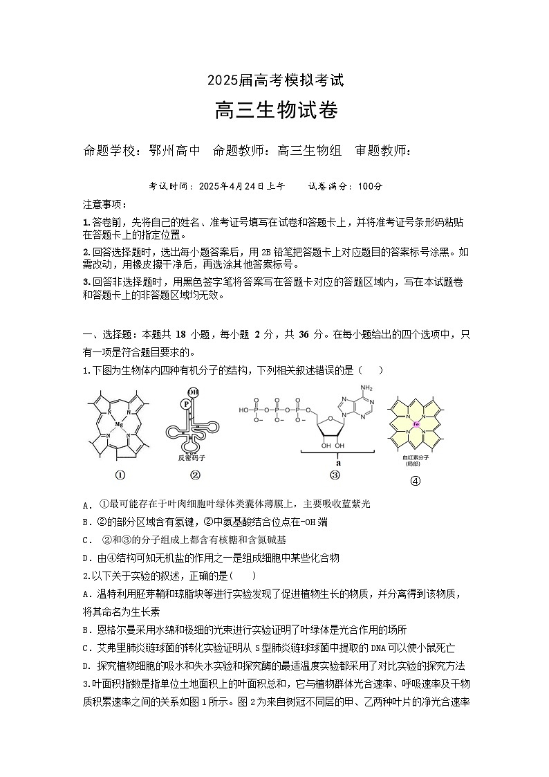 湖北省“黄鄂鄂”2025年高三下学期4月联考生物第1页